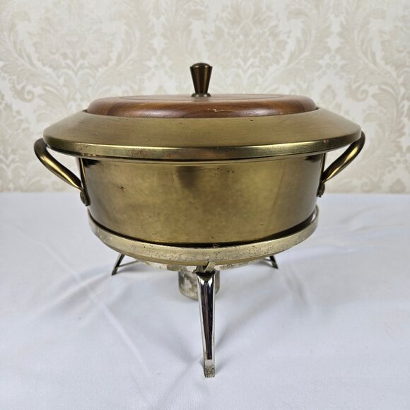 VTG Georges Briard Brass & Wood Chafing Warming Dish 1-1/2 Quart Pyrex Insert - Picture 1 of 15